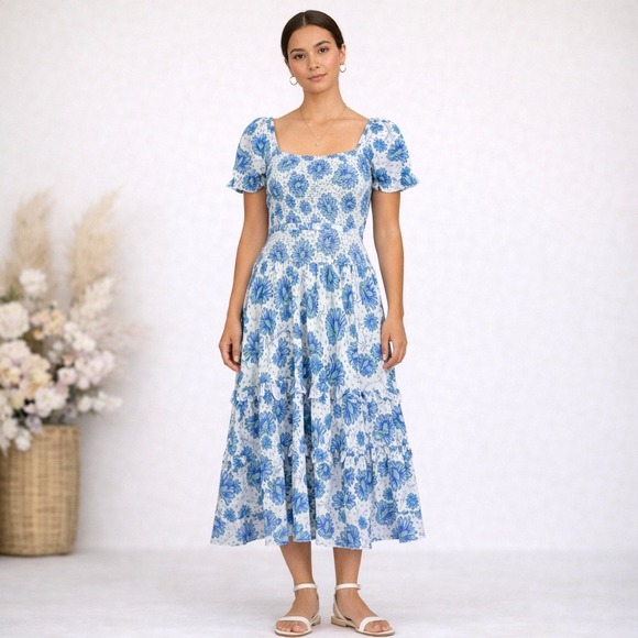 point sur Dresses & Skirts - Point Sur J.Crew Blue Green Floral Smocked Tiered Midi Dress Womens 6 Cotton